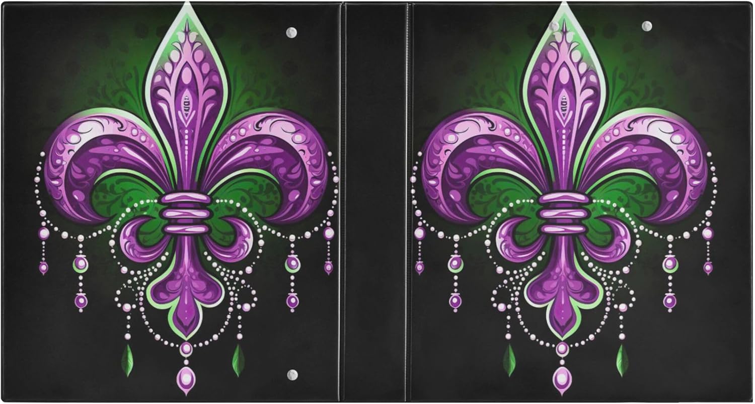 Mardi Gras 3 Ring Binders, 1.5” Round Ring Binders with Clipboard - Letter Size, 3 Interior PVC Clear Pockets & Anti-Slip Clip for Office School Supplies, 2PCS