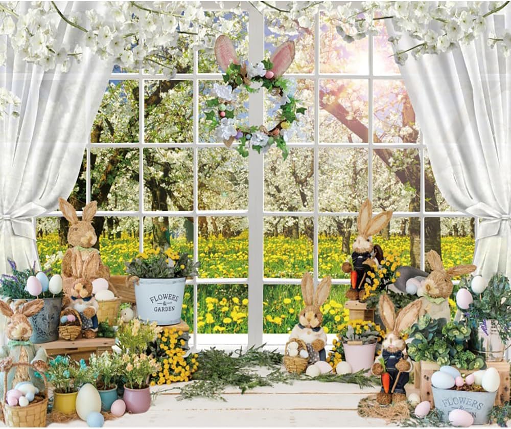 10x8ft Easter Photography Backdrop Spring Scenery Flower Forest Easter Bunny Colorful Eggs Photo Background for Photoshoot Studio Photo Booth Props