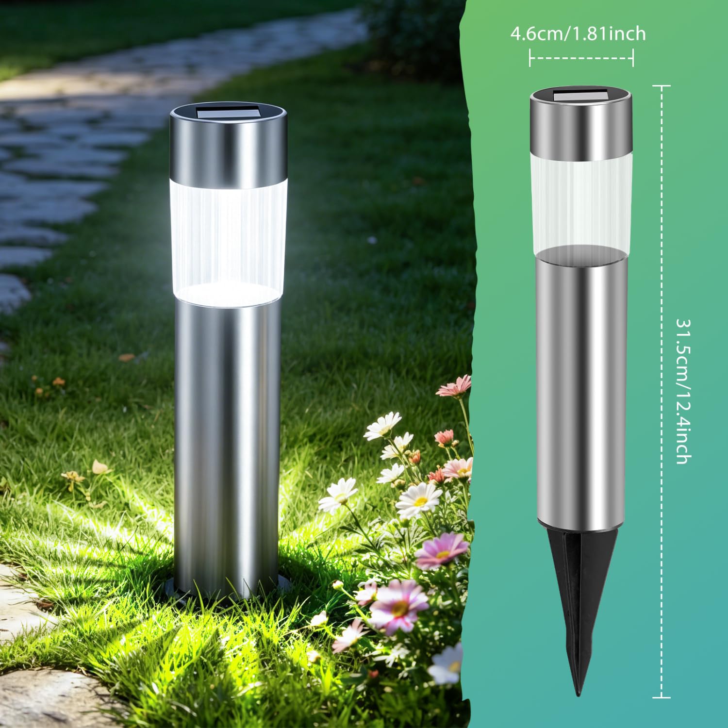 Aigostar 12Uds Luces Solares Jardin Pincho, Acero Inoxidable, IP44, Luz Fría 6500K, Luz Solar Exterior Jardin para Terraza Césped Patio Pasillo H31.5cm