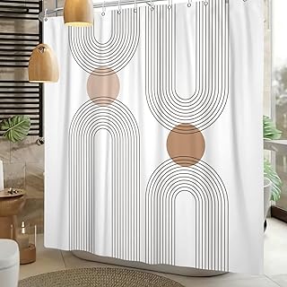 Mid Century Shower Curtain for Bathroom, Boho Sun Rainbow Modern Minimalist Geometric Shower Curtain, Abstract Arch Lines Modern Aesthetic Bathroom Decor Curtain Sets 72x72 inch
