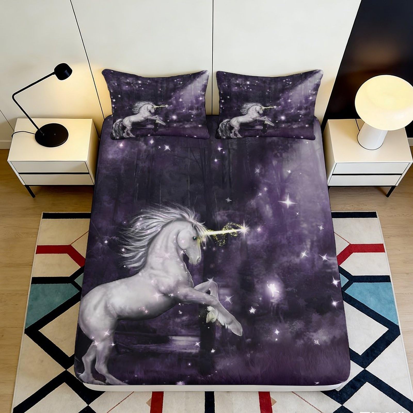 3D Printed Magical Unicorn Fitted Sheet Microfiber Anti-Slip Bed Cover Purple Fantasy Forest for Bedroom Dorm Mattress Protection 160x200x25cm