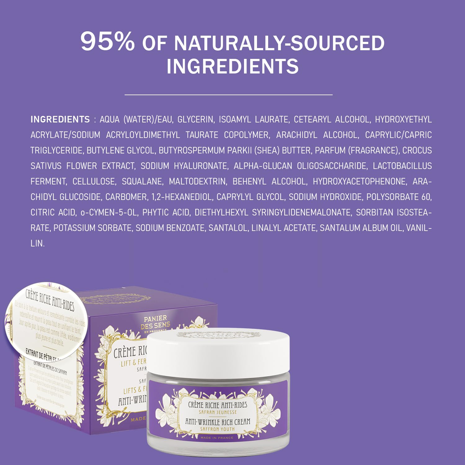 Panier des Sens – Loción antiarrugas para mujer – Ácido hialurónico y extracto de azafrán – Lifting – Cuidado facial – Fabricado en Francia – Crema de día – 95% natural – 50 ml