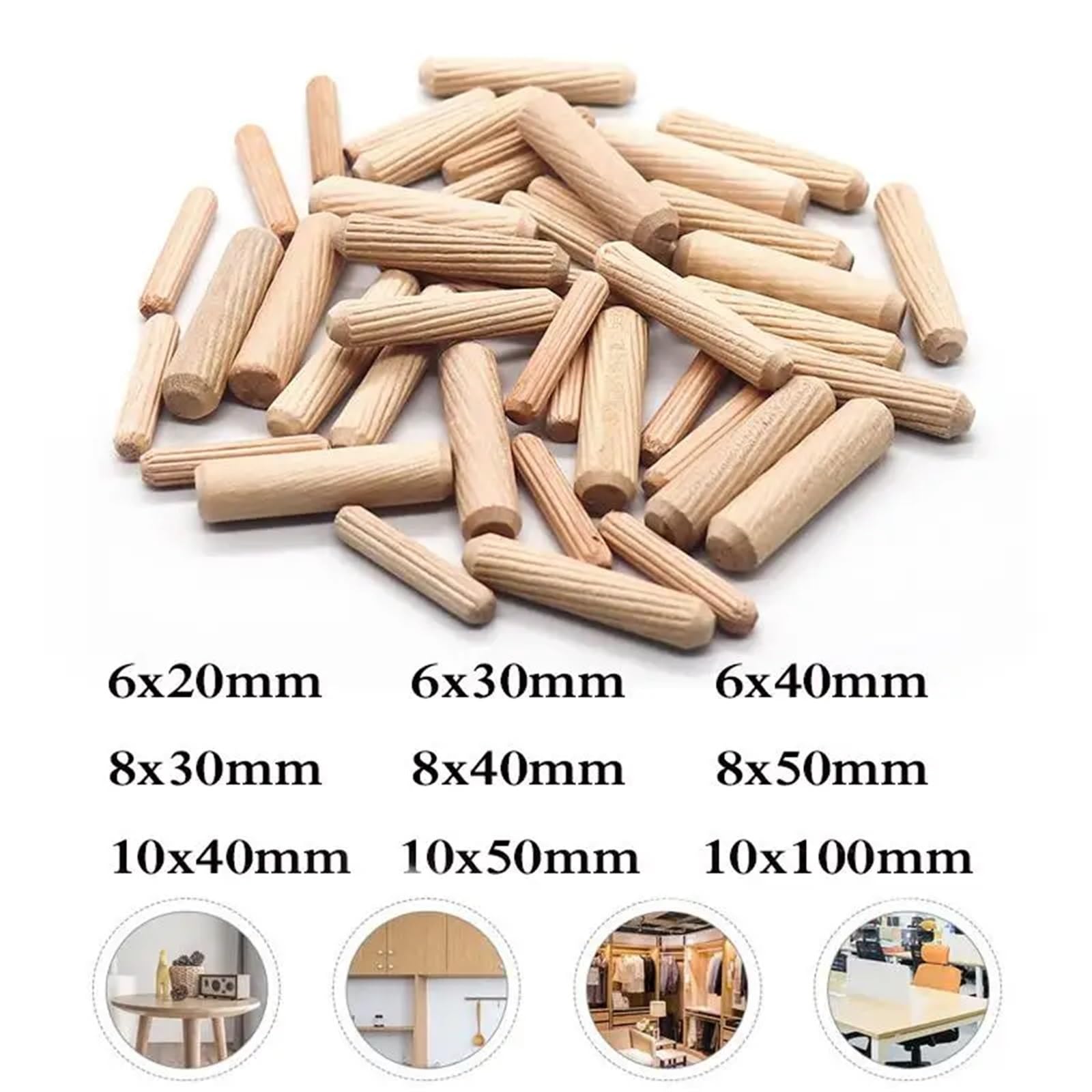 Holzdübel, Holzdübelstifte, 1000-teiliges Holzdübelstangen-Set for Möbel, Schränke, Schubladen, rund, geriffeltes Holz, DIY-Handwerk(6x30mm)