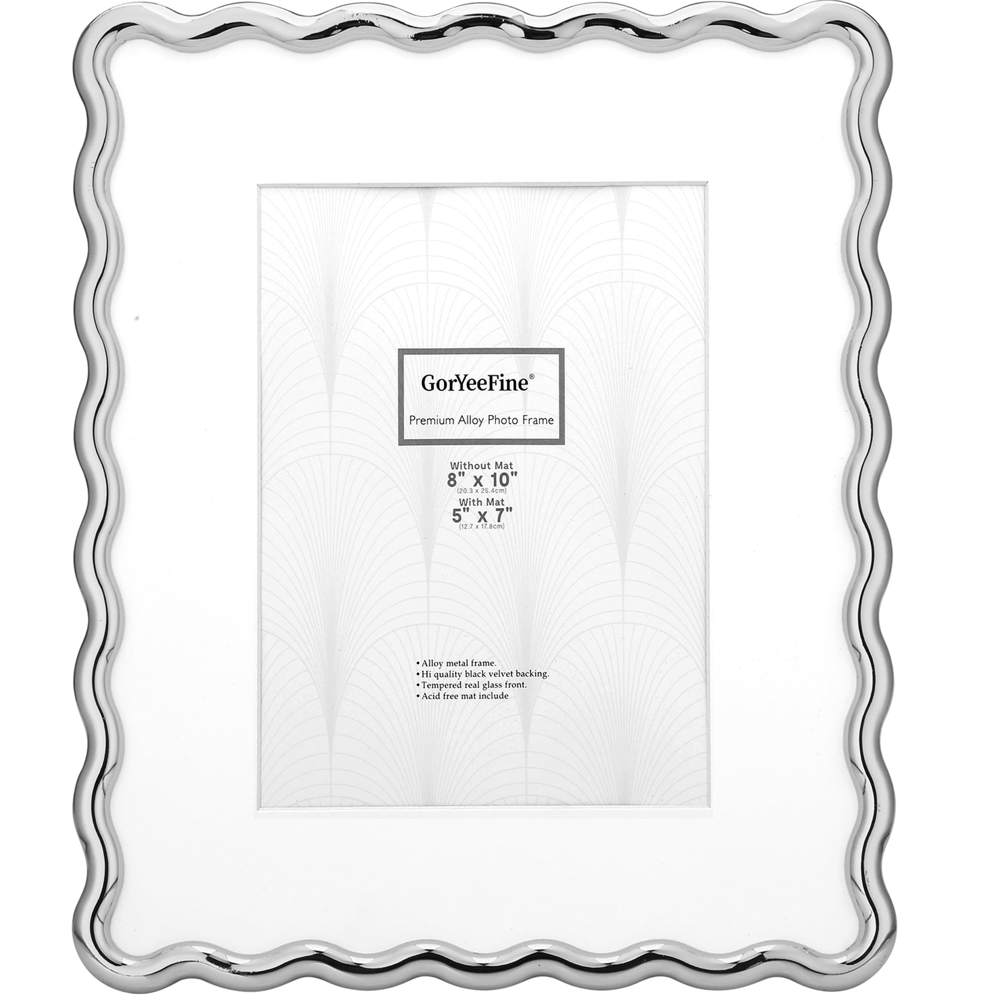 Silver 8x10'' Heavy-Duty Zinc Alloy Photo Frames with Acid Free Mat for 5x7'',Wavy Edge Design,with Real Glass and Black Velvet Backing,for Tabletop and Wall Hanging