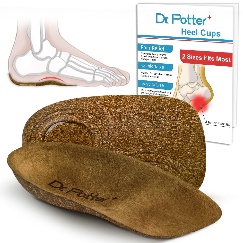 DR. POTTER+ Heel Cups for Plantar Fasciitis Relief, Cork Heel Cushions for Heel Pain and Achilles Tendonitis Relief, Heel Insert Provide Support for