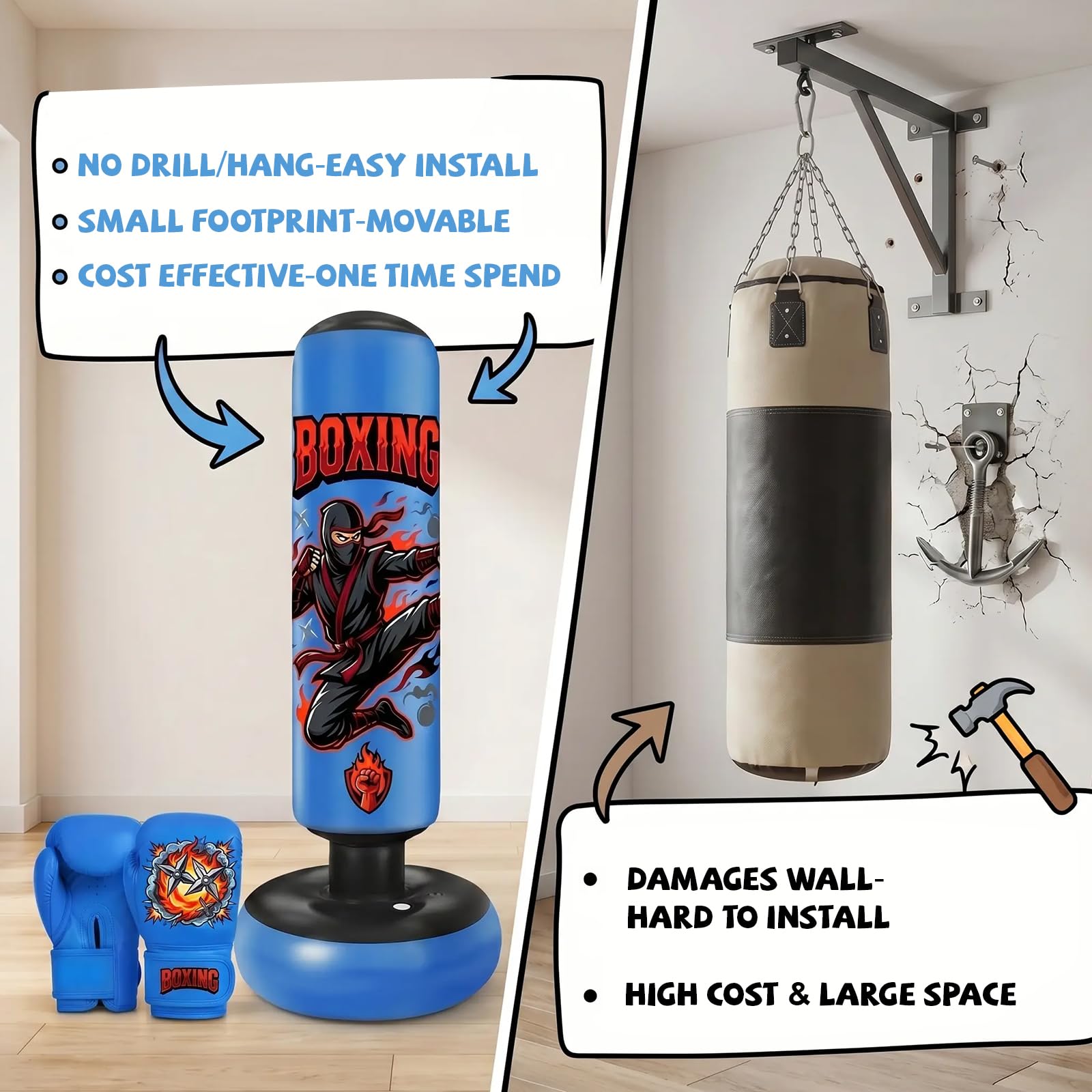 Sacco da boxe da pavimento, sacco da boxe per bambini, gonfiabile, con guanti | Sacco da boxe gonfiabile stabile per karate, kickboxing, MMA, regalo ideale per ragazzi e ragazze