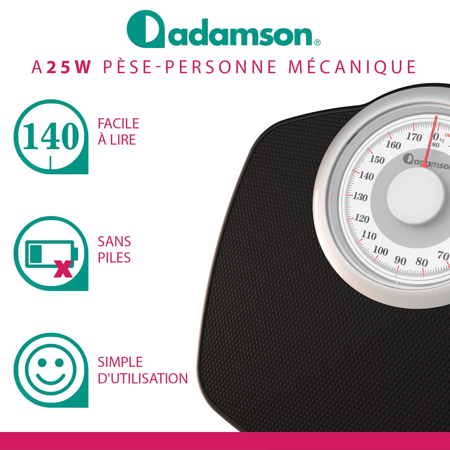 Adamson A25W Balance Pèse Personne Analogique - Nouveauté - Jusqu'à 180kg, Surface Antidérapante, Chiffres Extra Larges, Pèse Personne Mécanique, Garanti 20 Ans - Chambre et Salle de bain