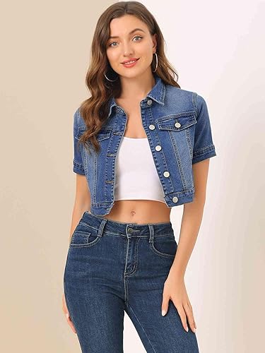 Vista 2 de Allegra K Chaqueta de mezclilla casual para mujer, manga corta, chaqueta vaquera