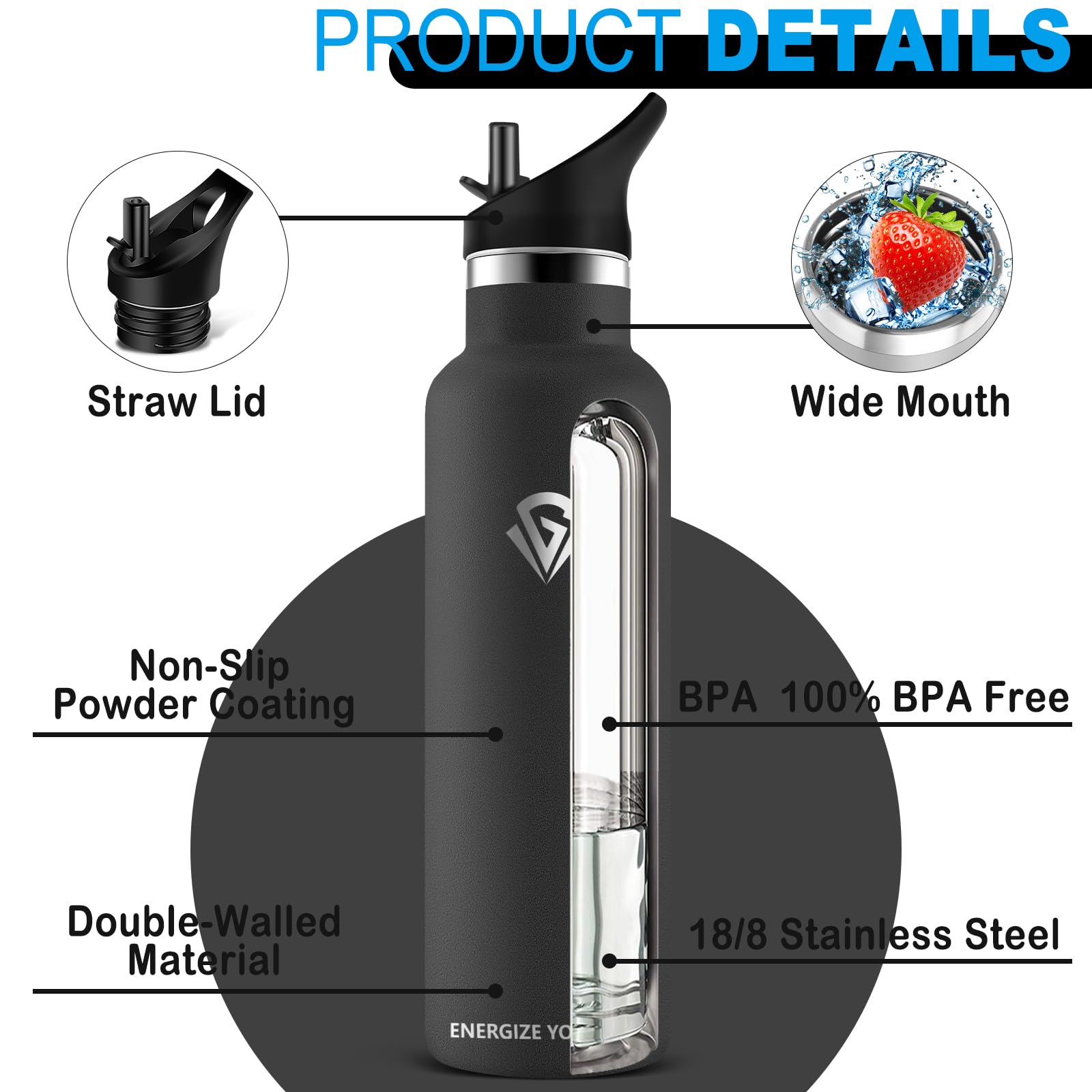 Grsta Borraccia Termica, Borraccia 1 litro, Borraccia con Cannuccia, Borraccia Palestra, Borraccia Acciaio Inox Senza BPA, Bottiglia Termica Senza Perdite, per Sport, Scuola, Yoga