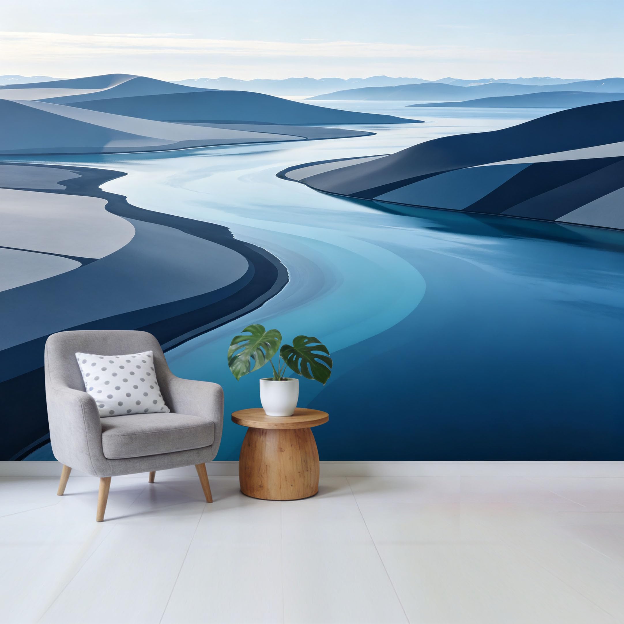 Qzlithotic Yq2605251155 Custom Size Wall Mural Minimalist Blue Abstract Landscape Serene Mountain Lake View Selfadhesive Wall Fabric Removable Wallpaper For Home Office Decor