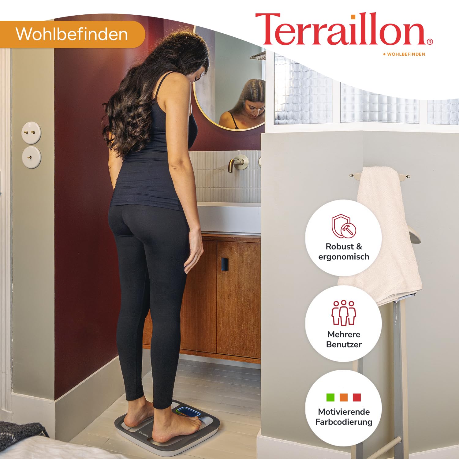 Terraillon Elektronische Personenwaage, 4 Speicherplätze, Farbige Einteilung der Gewichtsveränderungen, Automatisches Ein- und Ausschalten, 160kg, Color Coach Quattro, Grau/Weiß