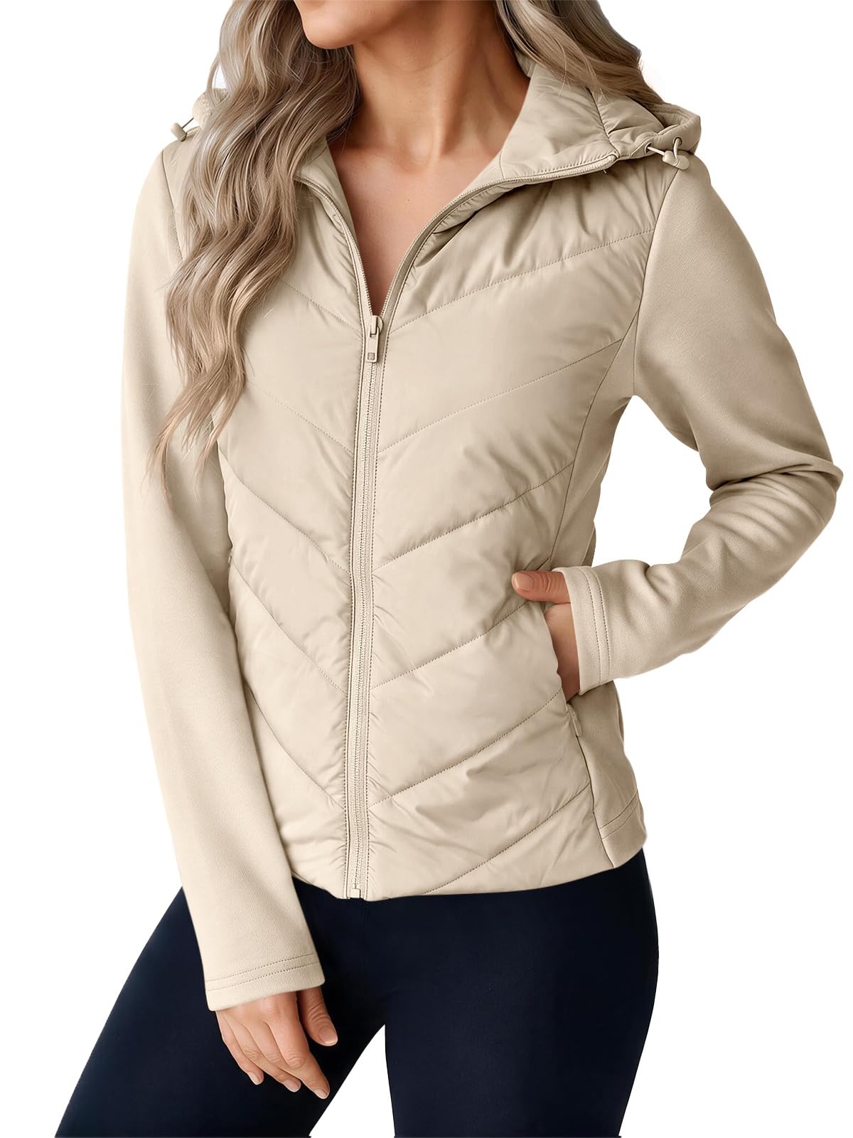 Womens Quilted Puffer Jacket Hooded Patchwork Fall Winter Coat