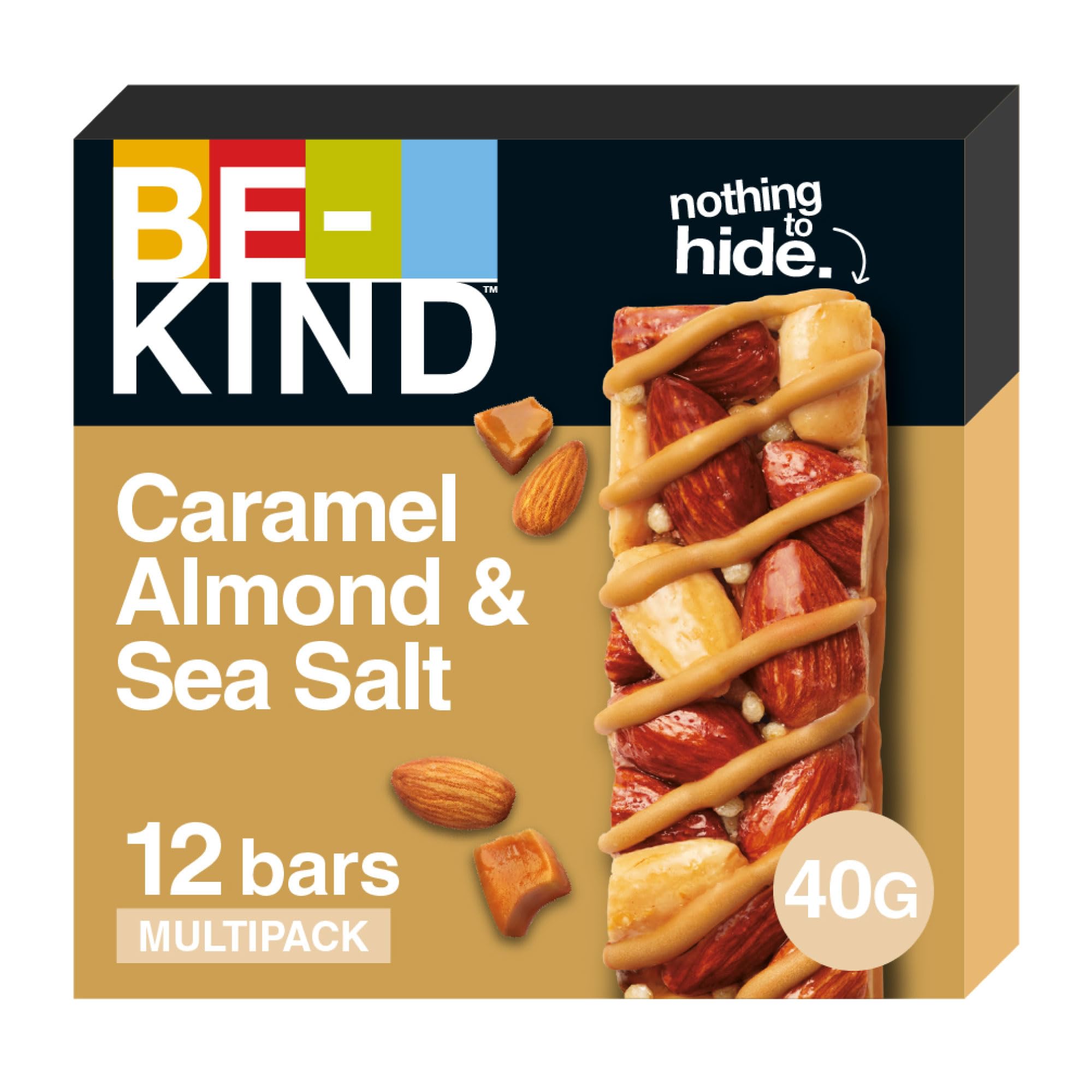 BE-KINDCaramel Almond Nut & Sea Salt Pack of 12x40g Snack Bar, Gluten Free Snacks, High Fibre, Source of Protein, No Artificial Preservatives, No Artificial Colors, No Artificial Flavours