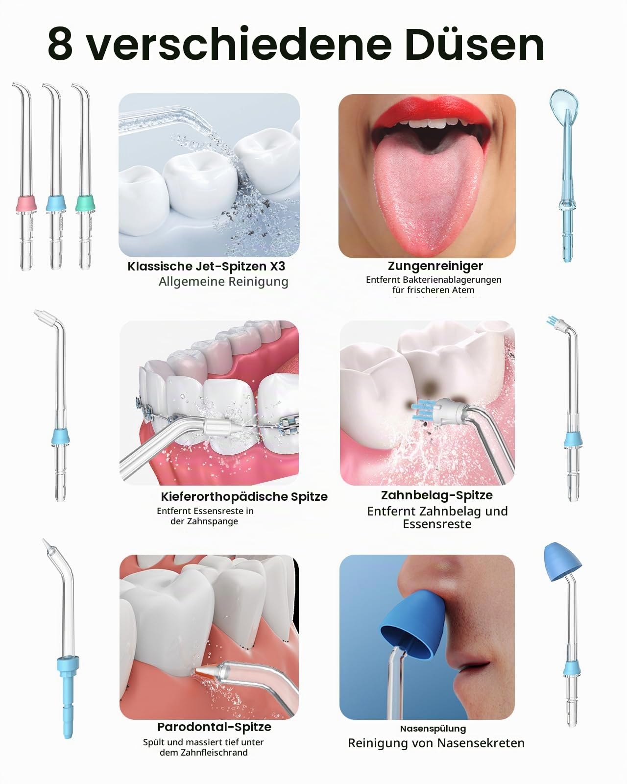 Apiker Munddusche​​ mit 10 Druckstufen– ​​Power Water Flosser​​ mit 8 Düsen (Zahnspange/Zunge/Nase) –5x Stärker als Zahnbürsten– 600ml Zahndusche ​​Mundspülung Elektrisch & ​​Oral Irrigator