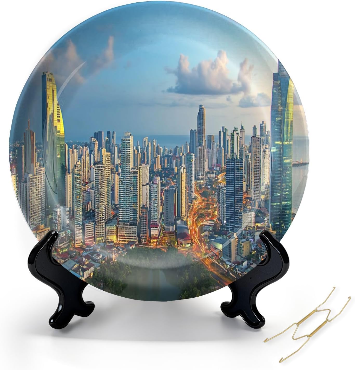 Decorative Plates for Display 10" Panama City Skyline Ceramic Ornament with Display Stand and Hook Up for Wall Decor Hanging Festival Gift