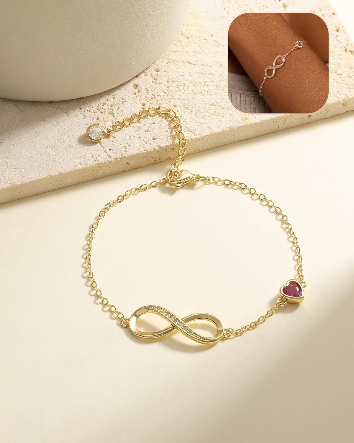 Infinity Birthstone Bracelets for Women Gold Charm Bracelets Non Tarnish Dainty 14K Gold Plated Heart Love Bracelets Birthday Jewelry Valentine's Day Gifts for Anniversary Wife Girlfriend Her - Image 4