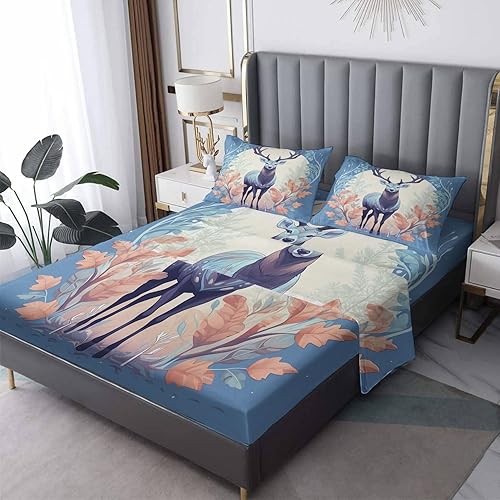 Sábanas de ciervo tamaño individual, sábanas de alce y vida silvestre, juego de sábanas y fundas de almohada de 3 piezas, sábana bajera ajustable de