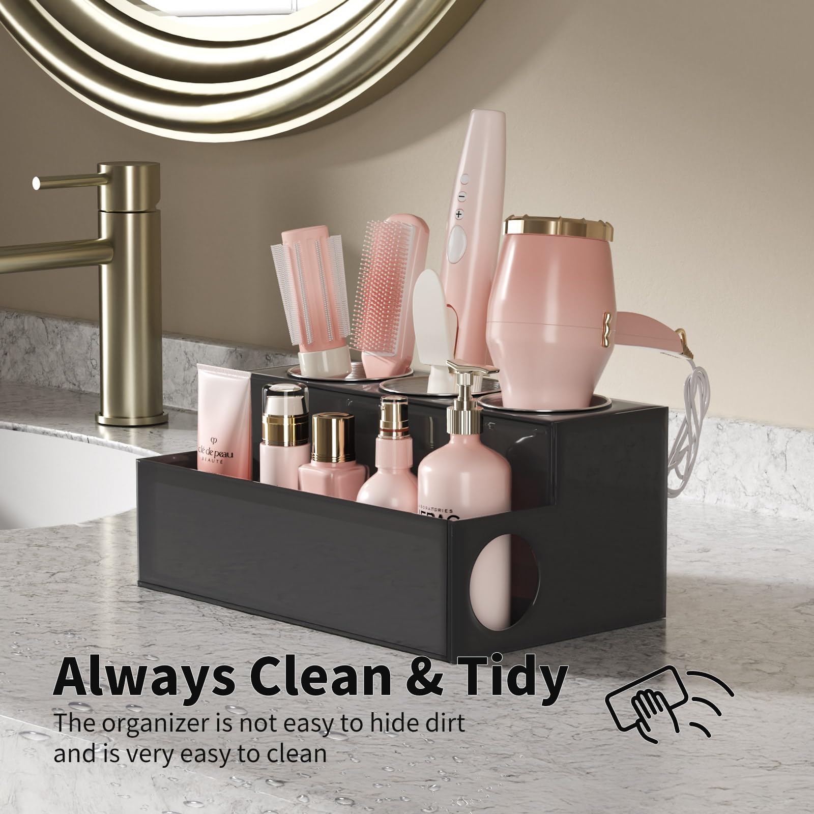 NIUBEE Haar-Werkzeug-Organizer, schwarzer Acryl-Haartrockner und Styling-Organizer, Badezimmer-Aufsatz-Föhn-Halter, Kosmetik-Caddy Aufbewahrungsständer für Zubehör, Make-up, Toilettenartikel