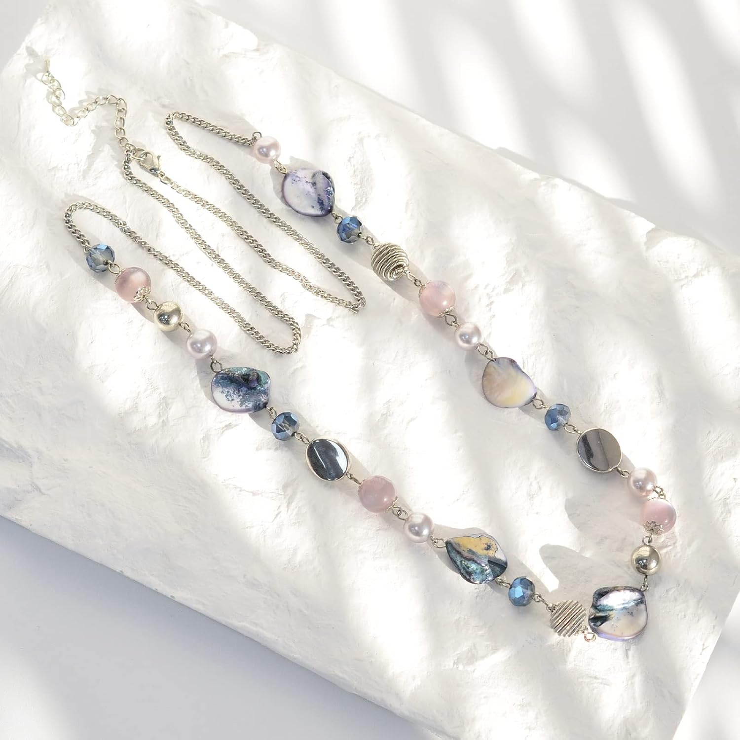 FULU AUTUMN Long Beaded Necklaces for Women Silver Link Chain Necklace with Shell Crystal Beads, Party Gifts for Her - Image 7