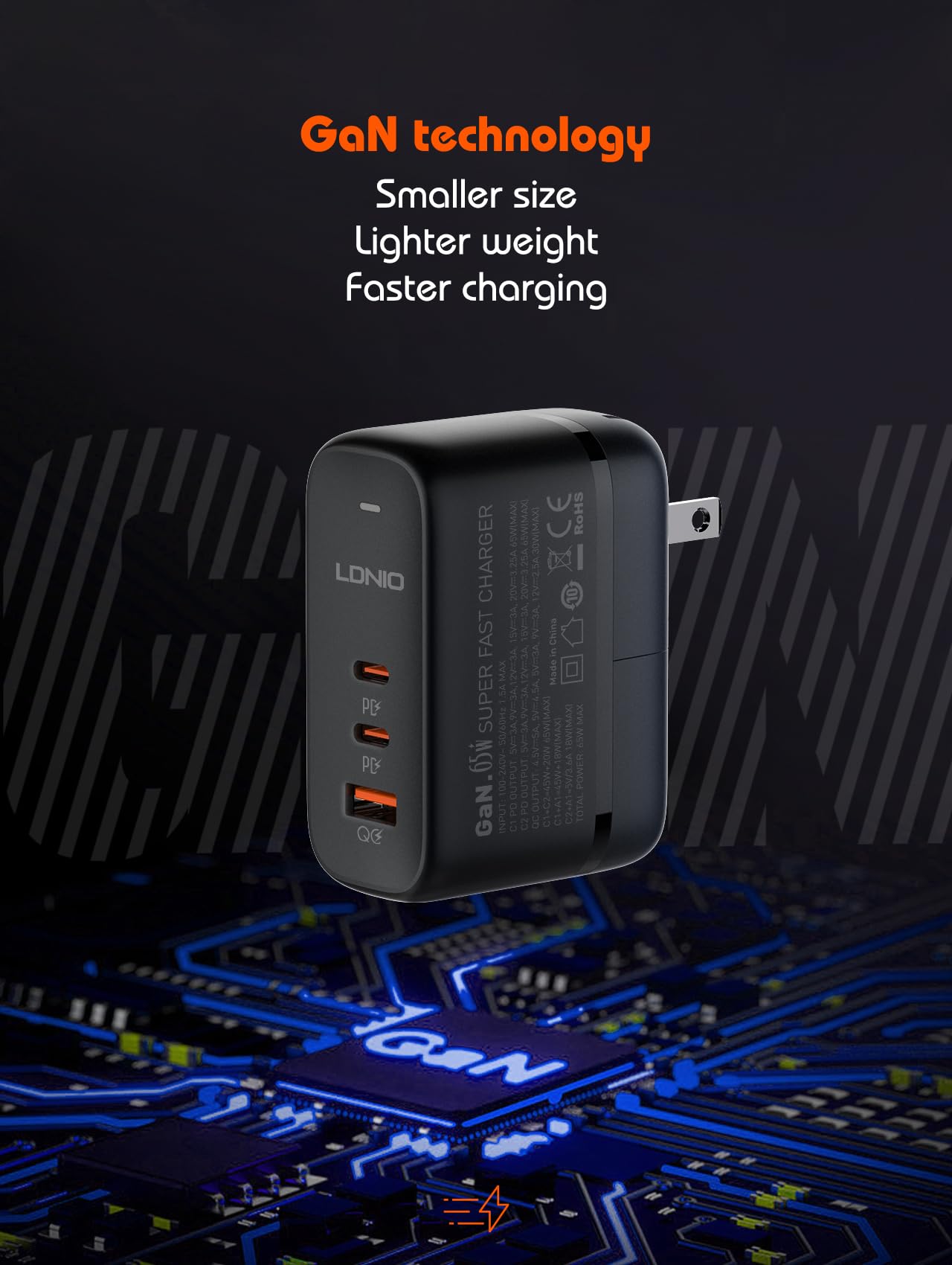 MANTO Chargeur Rapide GaN 65W avec Adaptateur Voyage 3-en-1 (US/UK/EU), 3 Ports 2C1A, PD3.0 & QC3.0, Compatible MacBook, iPhone 17, Samsung Galaxy