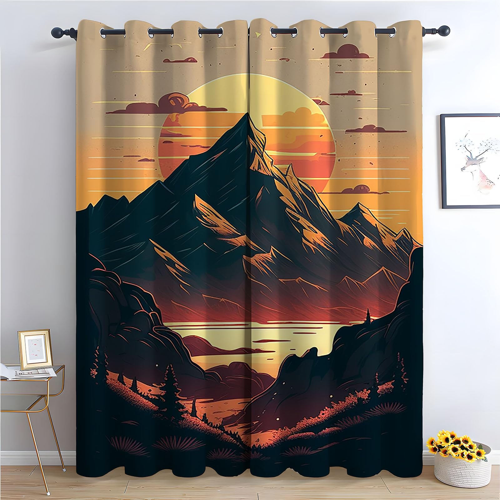 Draperies intérieures paysage de haute qualité avec imprimé lac et montagne orange