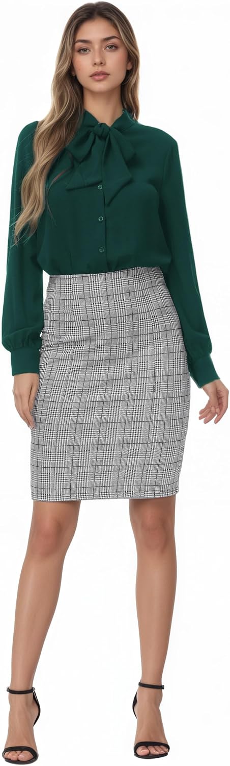 Kate Kasin Women Bow Tie Neck Office Blouse Button Down Long Sleeve Bodysuits Blouse Top - Image 4