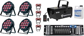 American DJ LP12HEX Bundle: (4) Eliminator 12x5W RGBWA UV DMX Par Lights, ROCKFORCE 192-Channel DMX Controller, (4) RDX3M5 DMX Lighting Cable, R700 Fog Machine Remote Fluid, 10 Items