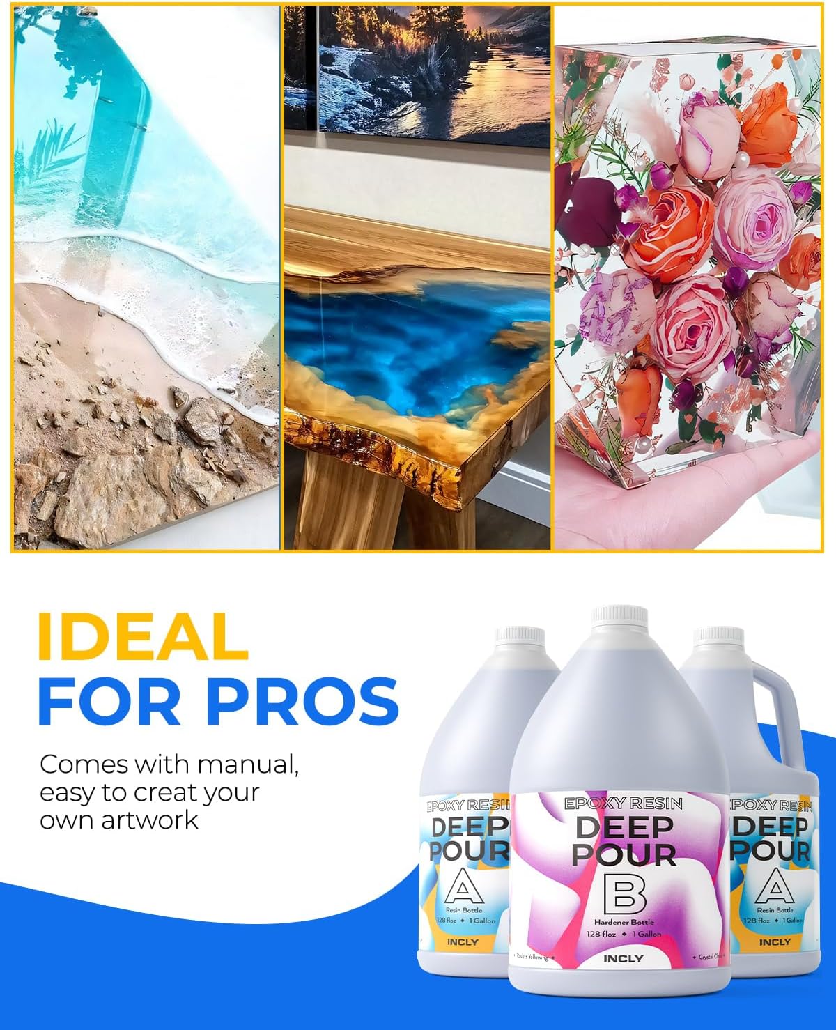 INCLY Deep Pour Epoxy Resin 3 Gallon Kit, 2 to 4 Inch Depth Deep Pour Resin, High Gloss & Bubbles Free for Art Craft River Table, Wood Filler, Bar Top, Coating, Casting, Self Leveling Epoxy Resin 2:1
