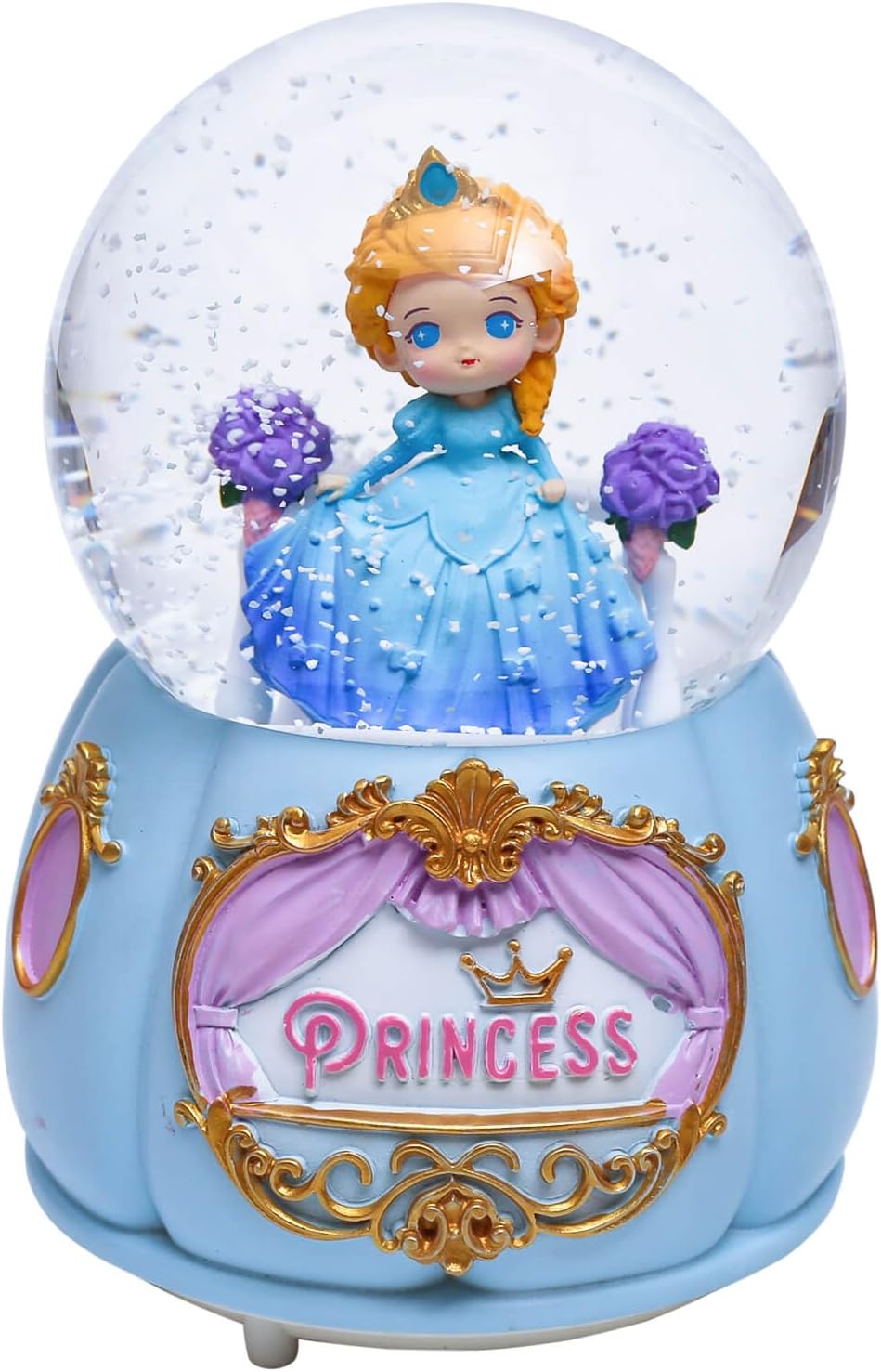 Snow Globe with Light for Christmas & Birthday Gift, 80mm Crystal Musical Glitter Glass Water Ball Decoration, Princess - Blue Snowglobe, 3.5" x 3.5" x 5"