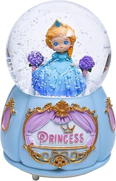 Snow Globe with Light for Christmas & Birthday Gift, 80mm Crystal Musical Glitter Glass Water Ball Decoration, Princess - Blue Snowglobe, 3.5" x 3.5" x 5"