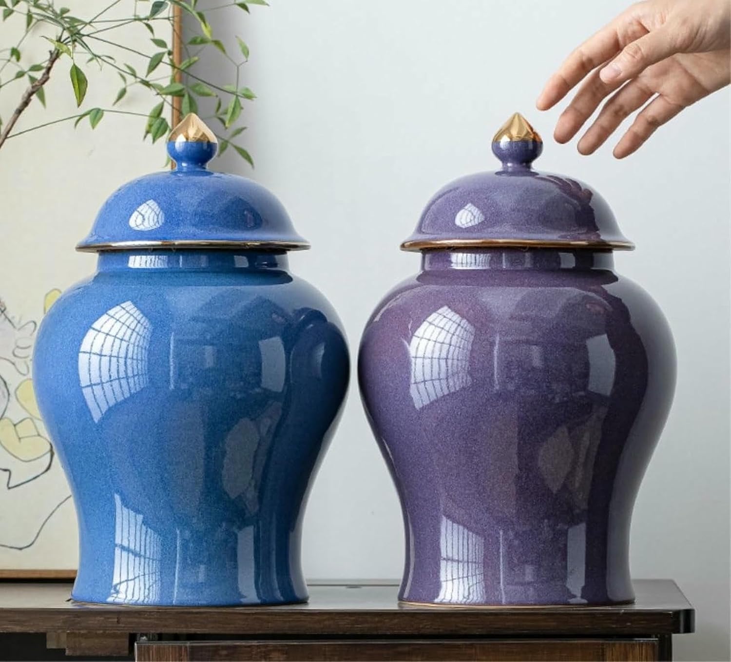 Large Ginger Jar Purple Ceramic Ginger Jar Vase with Lid Traditional Chinese Decorative Porcelain Jars Temple Jar Flower Vases Decorative Jar (Color : Blue, Size : 32.5 * 20.5cm)