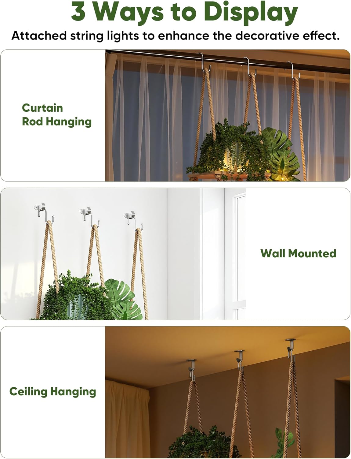 ROSSNY Plant Shelf with LED Strip, 5-Tier Window Plant Shelves, Hanging & Wall Mounted Plant Holder for Indoor, Boho Natural Bamboo Plant Stand for Home Décor