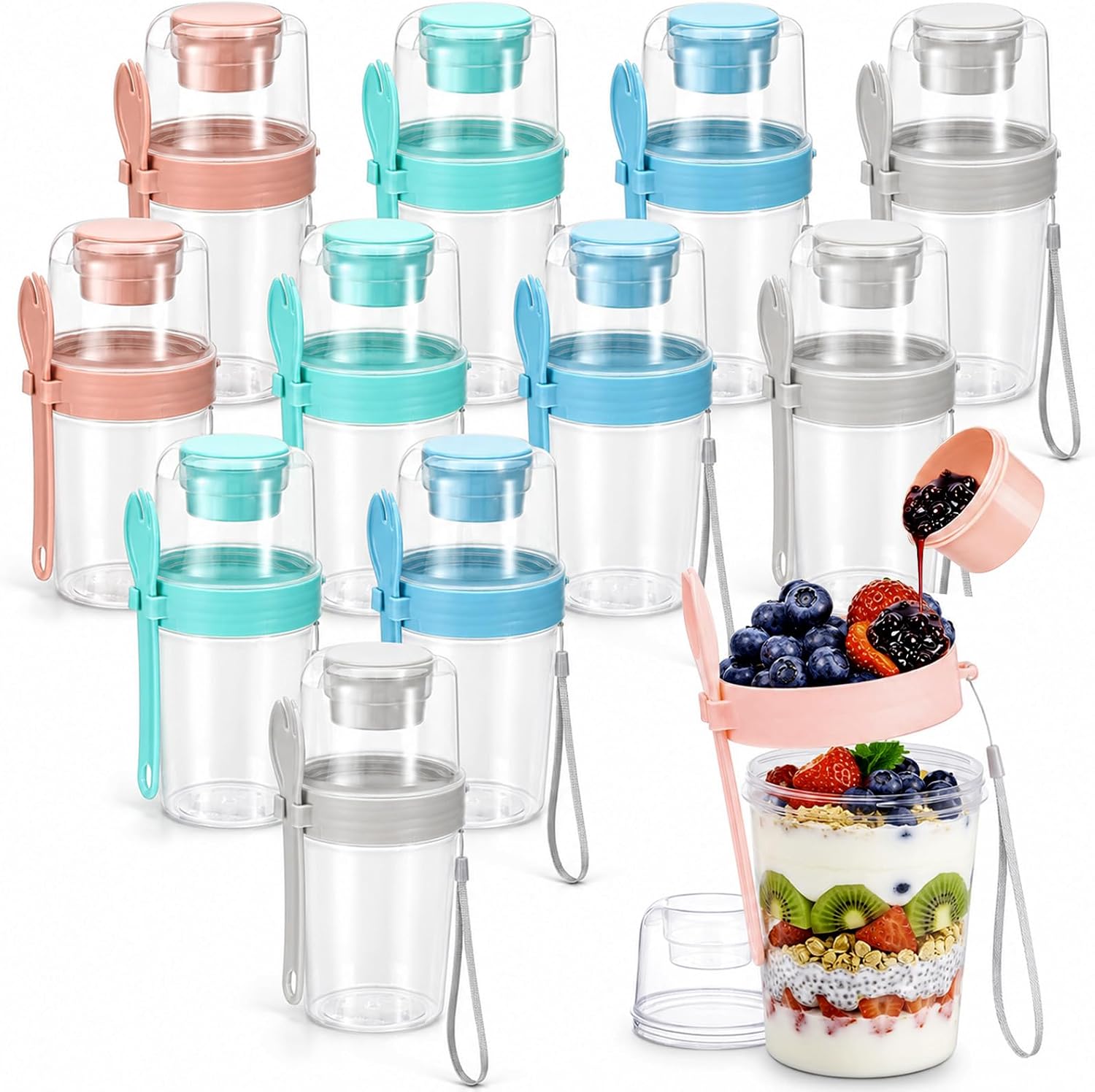 12 Pack 27oz Yogurt Parfait Cups with Lids and Spoons Reusable