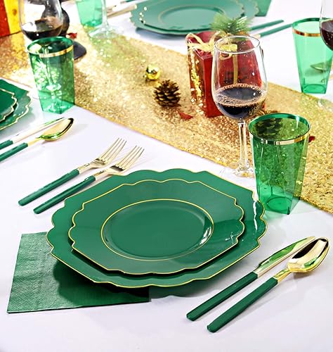 Miniatura 7 de Nervure 140 platos de plástico dorado festoneado y cubiertos de plástico dorado con mango blanco 40 platos, 20 tazas, 20 tenedores, 20 cuchillos, 20