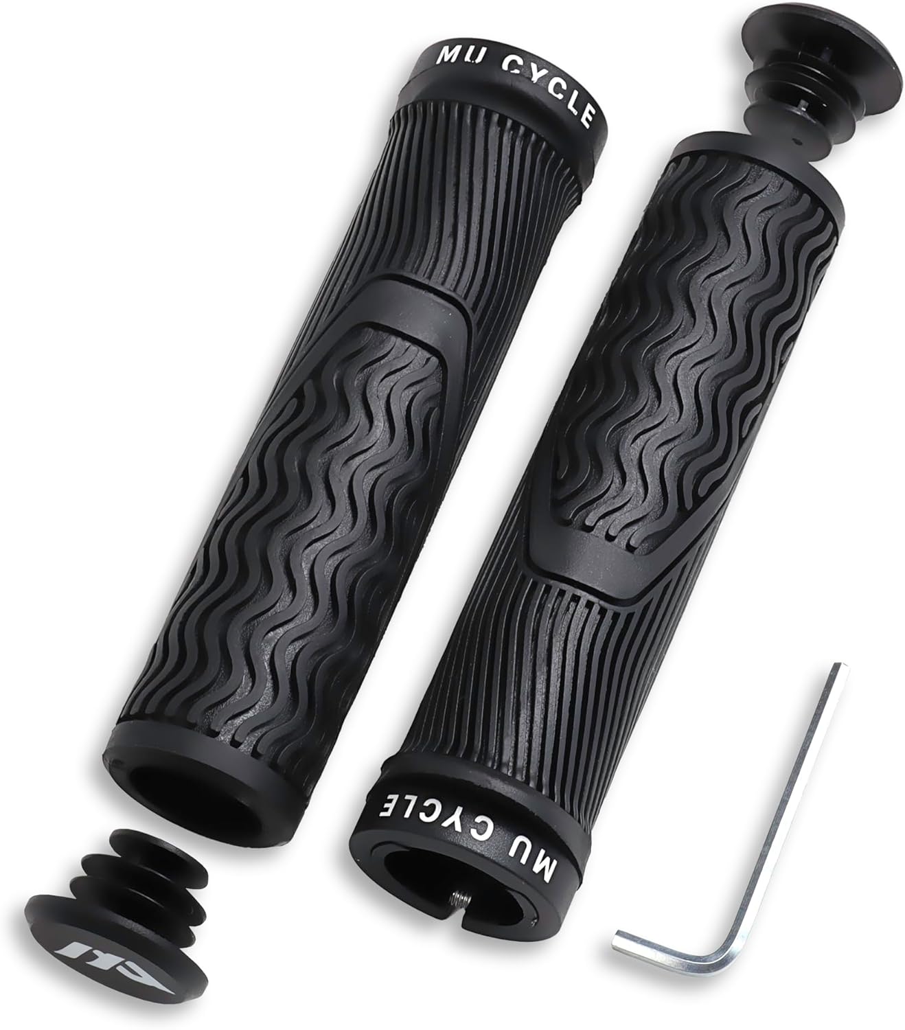 Pogo Bike Grips – Lock-On Handlebar Grips with End Plugs, Anti-Slip Wavy Texture, Ergonomic Design for MTB & Commuter Bikes, Fits 22.2mm Bars