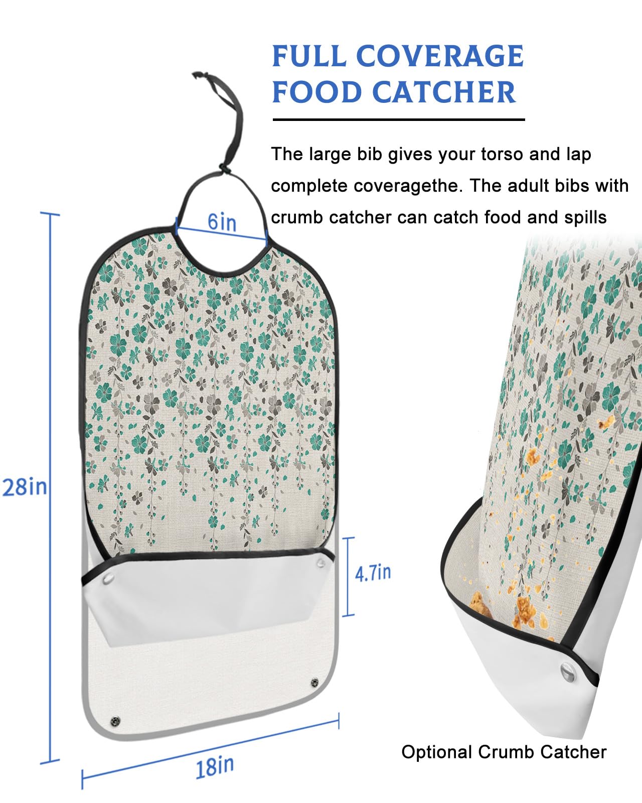 Kewadony Adult Bibs for Elderly Women - Teal Green Grey Florals Waterproof Dining Clothing Protectors with Crumb Catcher for Eating/Feeding, Spring Weeping Flowers Linen Texture Terry Cloth Bib