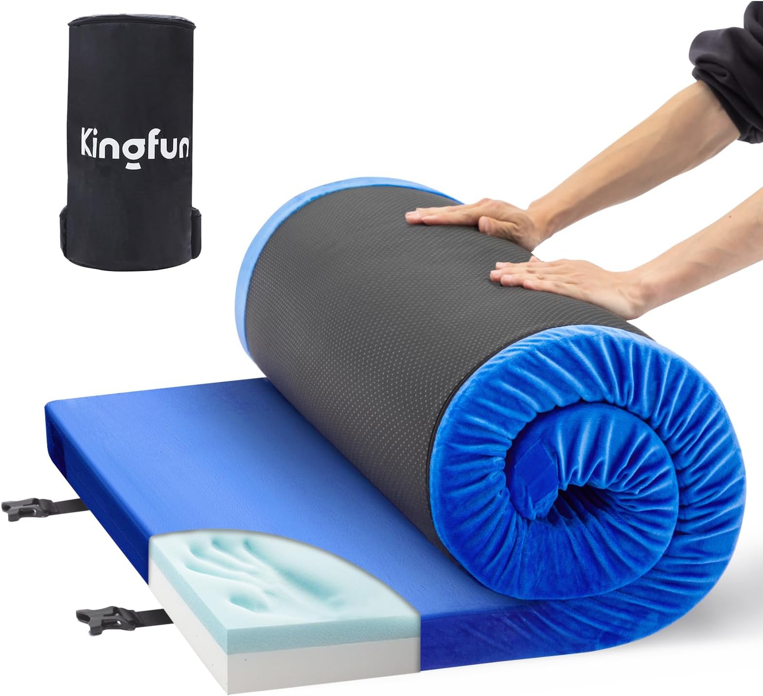 Kingfun 3 Inch CertiPUR-US Memory Foam Camping Mattress, Waterproof Roll up Sleeping Pad for Adults, Comfortable Thick Floor Sleeping Mats for Car Truck Tent with Removable Travel Bag, Single,Blue