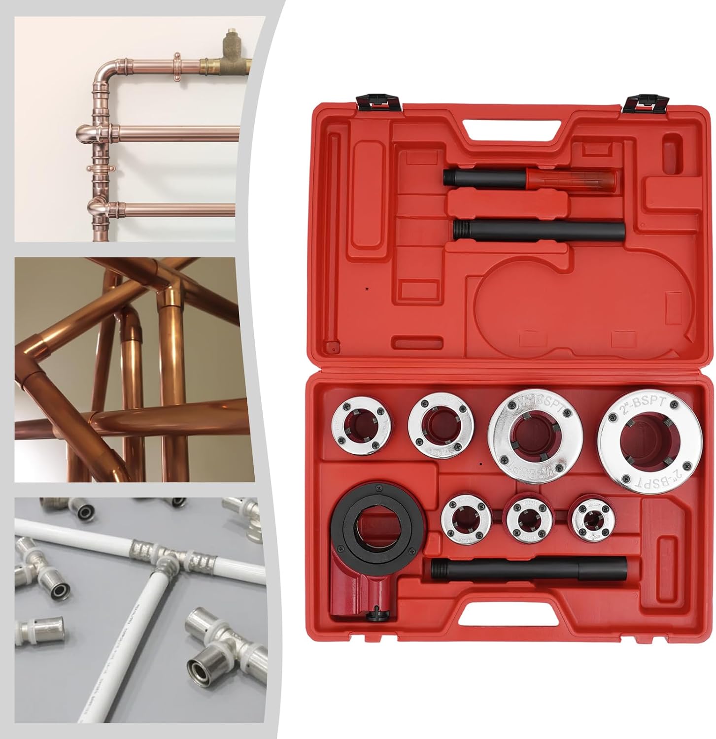 Pipe Threader Kit, 7 Dies Manual Ratcheting Pipe Threading Tool Set with Storage Case, Pipe Threading Tool for Galvanized Aluminum Iron Copper PVC Pipes (3/8", 1/2", 3/4", 1", 1-1/4", 1-1/2", 2")