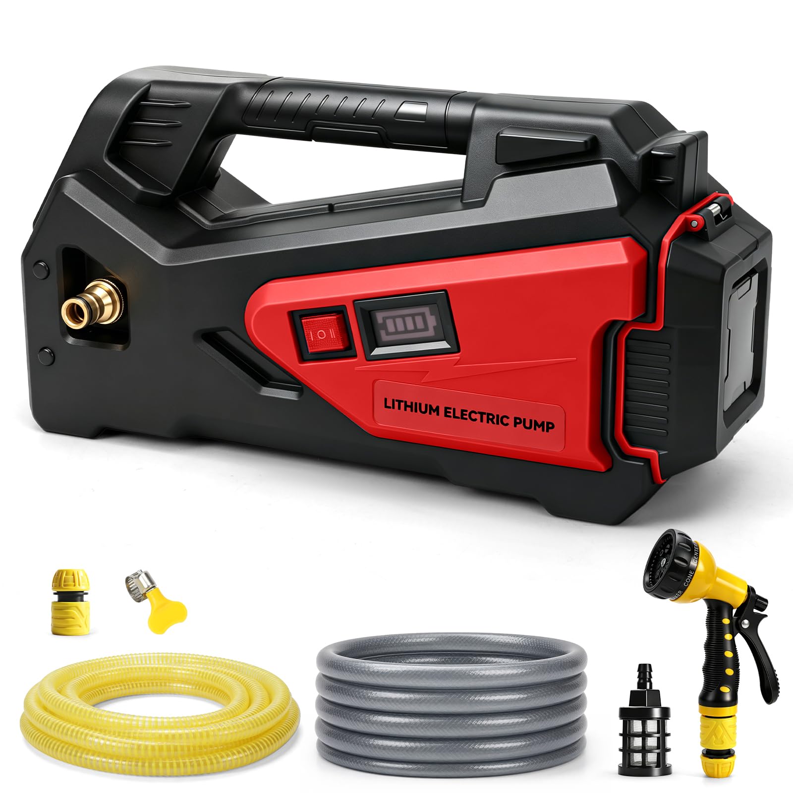 Roadtime Milwaukee - Pompa dell'acqua per batteria da 18 V (senza batteria), portatile, autoadescante da giardino, 12-13 l/min, altezza di portata 30 m, indicatore della batteria con tubo di uscita da