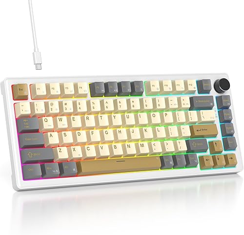 Junta de teclado mecánico 75% retro con perilla, teclado cremoso con cable personalizado para juegos TKL 75 % retroiluminación RGB intercambiable en