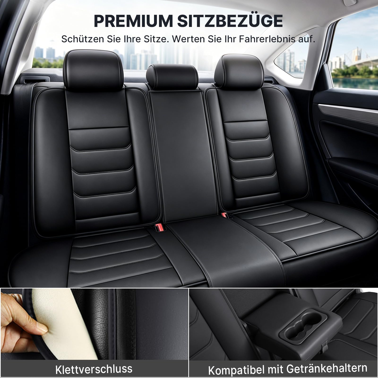 Autositzbezüge Kunstleder Komplettset für BMW 118 1999-2026, Auto Sitzbezug für 5 Sitze, Wasserabweisend, rutschfest, Vordersitze und Rücksitze, mit Montagezubehör, Schwarz