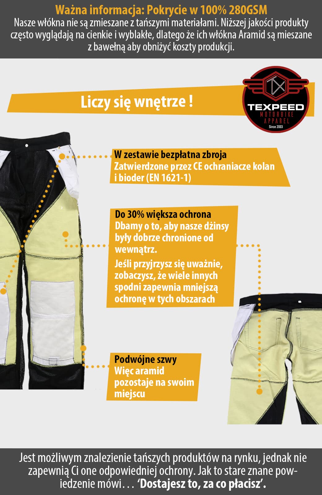 Dżinsy motocyklowe pancerz dla mężczyzn - Spodnie z ochroną - 280 g/m² aramid z pancerzem ochronnym (EN 1621-1) - Zwężany krój - Texpeed - Czarny - XL Talia/Krótki Noga