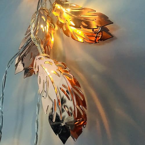Vista 27 de Guirnalda de luces LED de plumas de oro rosa, farol de hojas de metal, funciona con pilas, luces de hadas para dormitorio, decoraciones de boda
