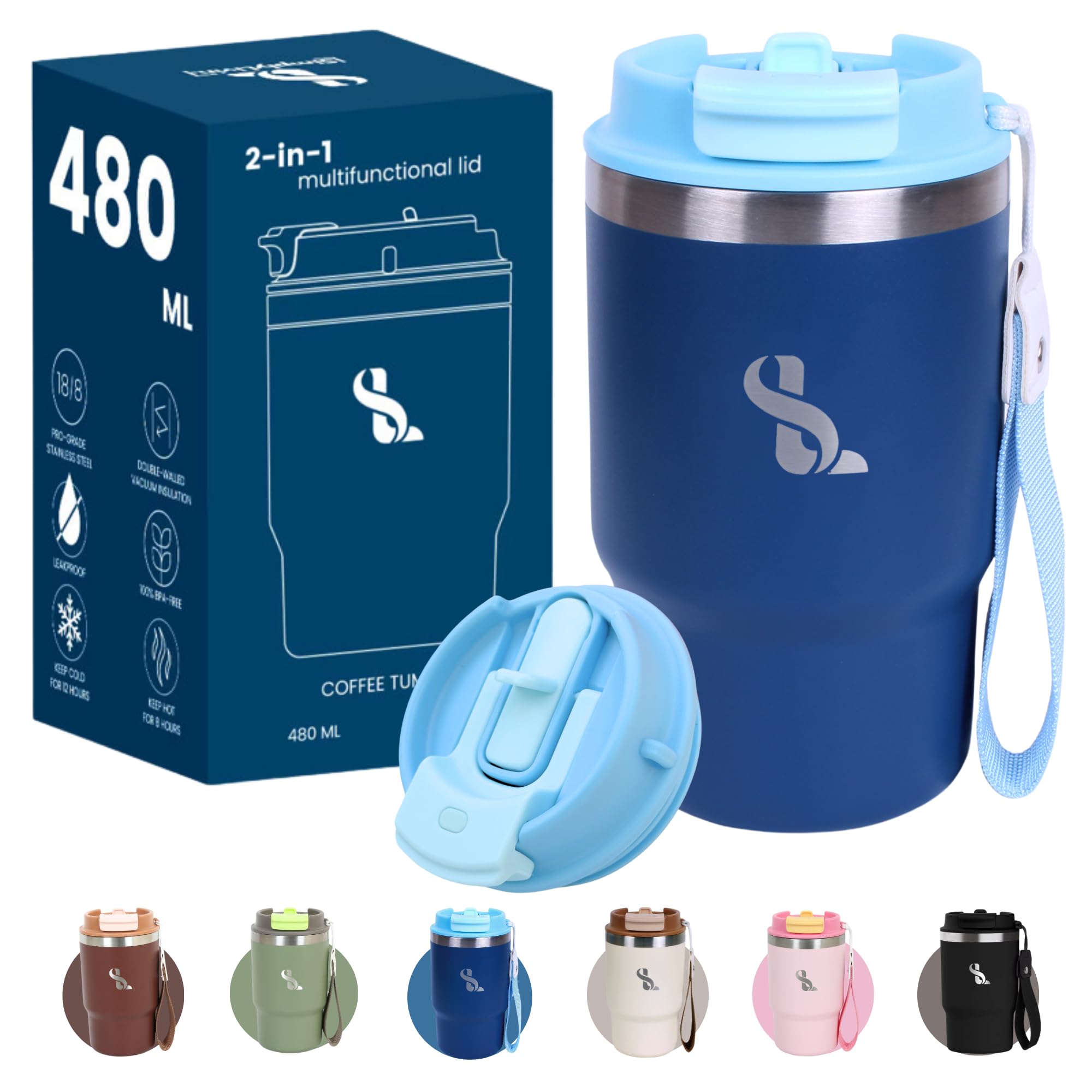 SimplyLivin Insulated Coffee Cup Travel Mug 480ml 16oz | Tumbler Flask with Straw & Spout Lid | Leakproof | 8H Hot 12H Cold | Reusable Coffee Cup | Stainless Steel Tumbler | Gift | Midnight Blue — image 1