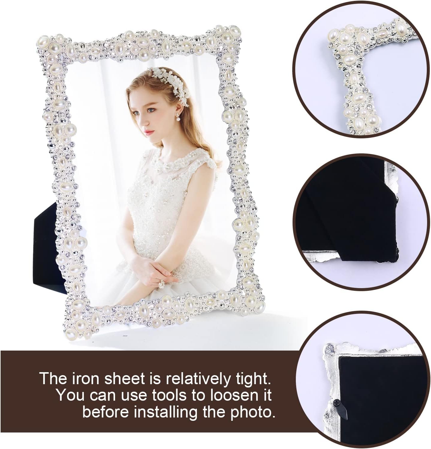 DIKAR 5x7 Picture Frame, Wedding Picture Frame for Metal Frame with HD Acylic Front, Tabletop and Wall Art Display Pearls Diamond Photo Frame for Wedding Valentine's Day Gifts