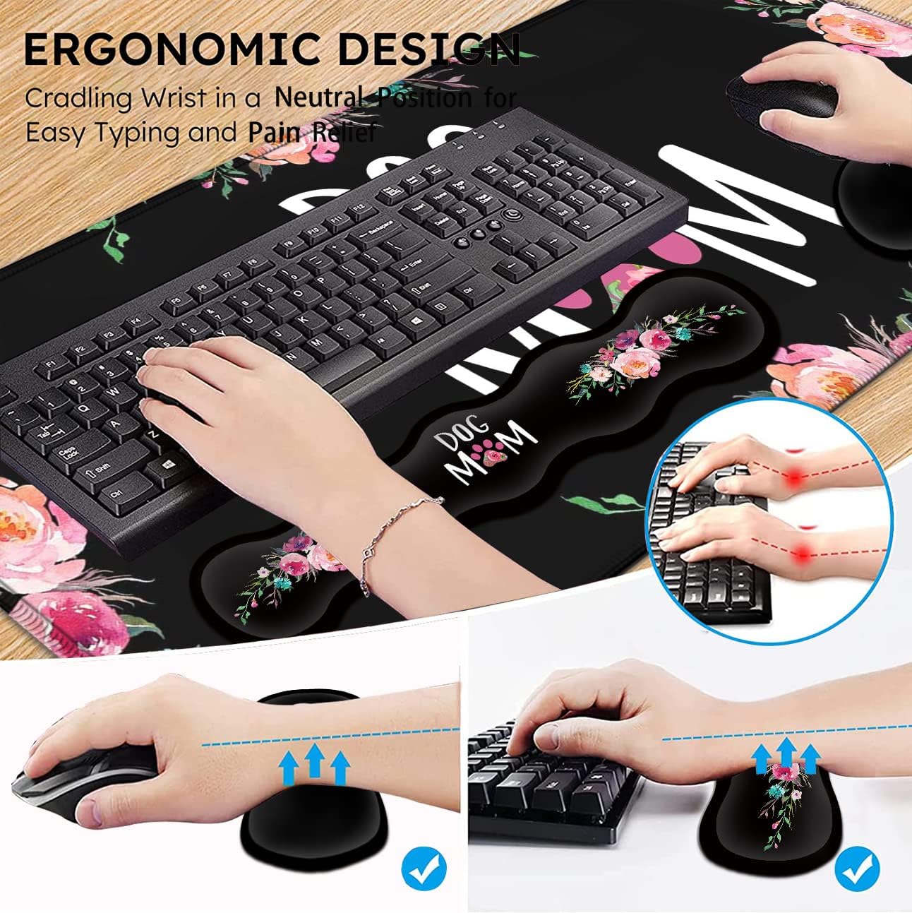 Gaming Mouse Pad, Large XXL Mouse Pad,Large Mouse Pad with Stitched Edge,Non-Slip Desk Pad Ergonomic Keyboard Wrist Rest Anime Mouse Pad Cute Dog Mom Floral Design Black Desk Mat for Computer Laptop