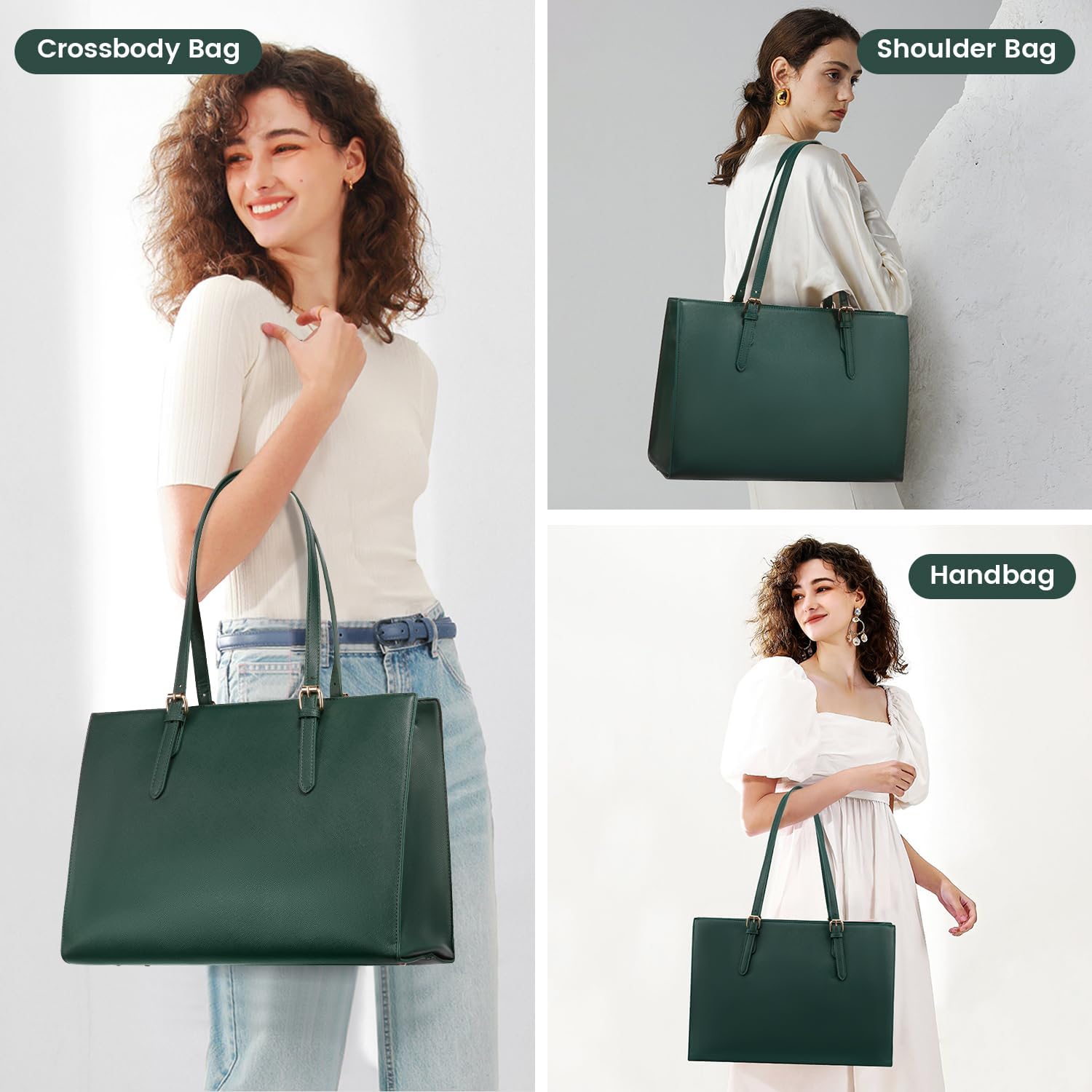 LOVEVOOK 17.3-inch Laptop Bag for Women, Large Capacity Travel Tote Bag with Clutch Purse 2PCs Set, Professional Business Computer Work Bag, Leather Shoulder Briefcase for Office Lady, Deepgreen