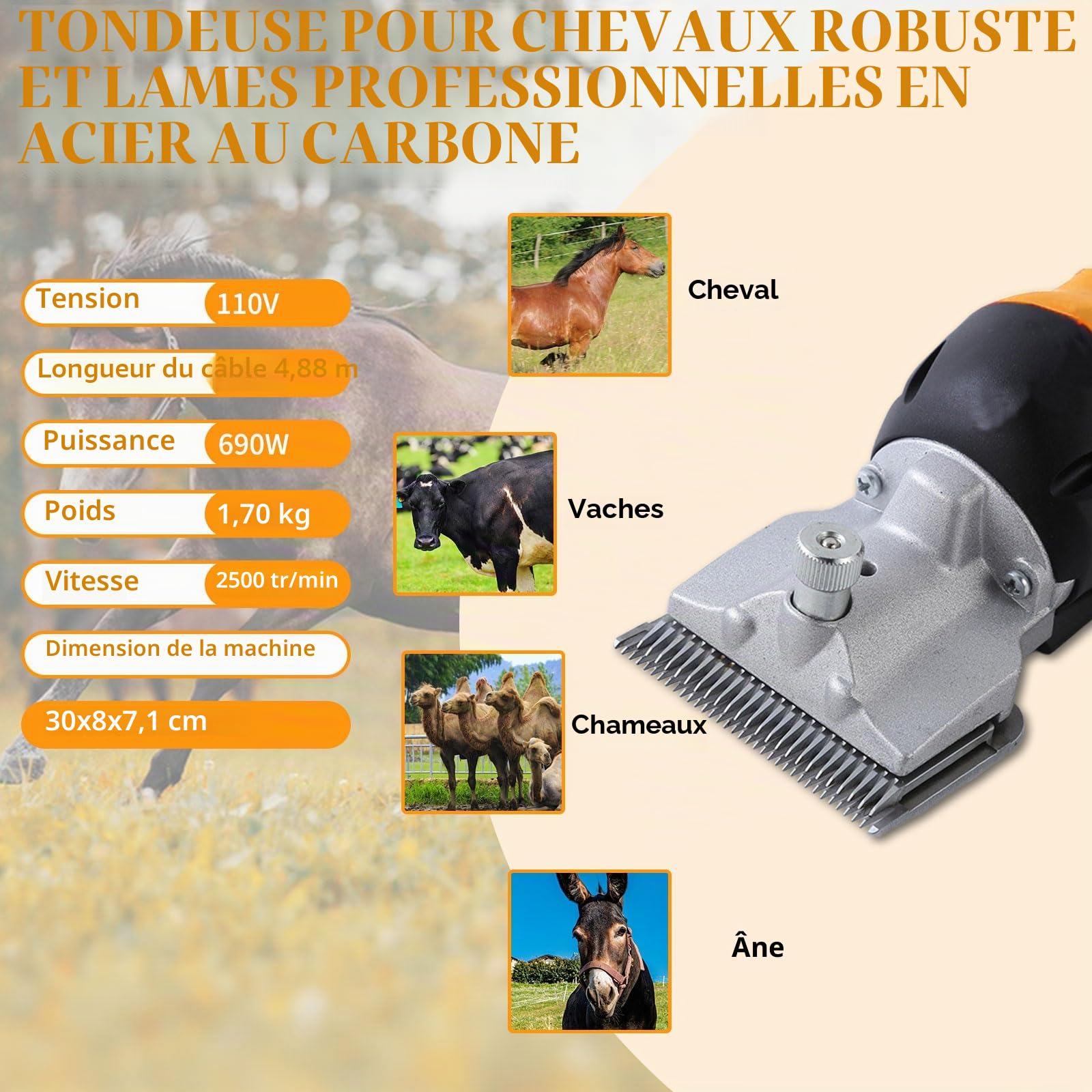 Tondeuse électrique pour chevaux 690 W | Tondeuse professionnelle pour moutons, alpagas, chèvres, animaux domestiques et animaux d'élevage