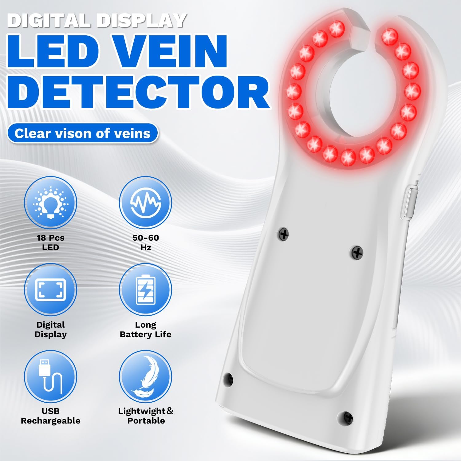 Portable Digital Display Vein Finder, Rechargeable Vein Viewer Light Device for Finding Veins, 1-99 Level Adjustment for Universal Skin Compatibility, Suitable for Clinics & Home (White)