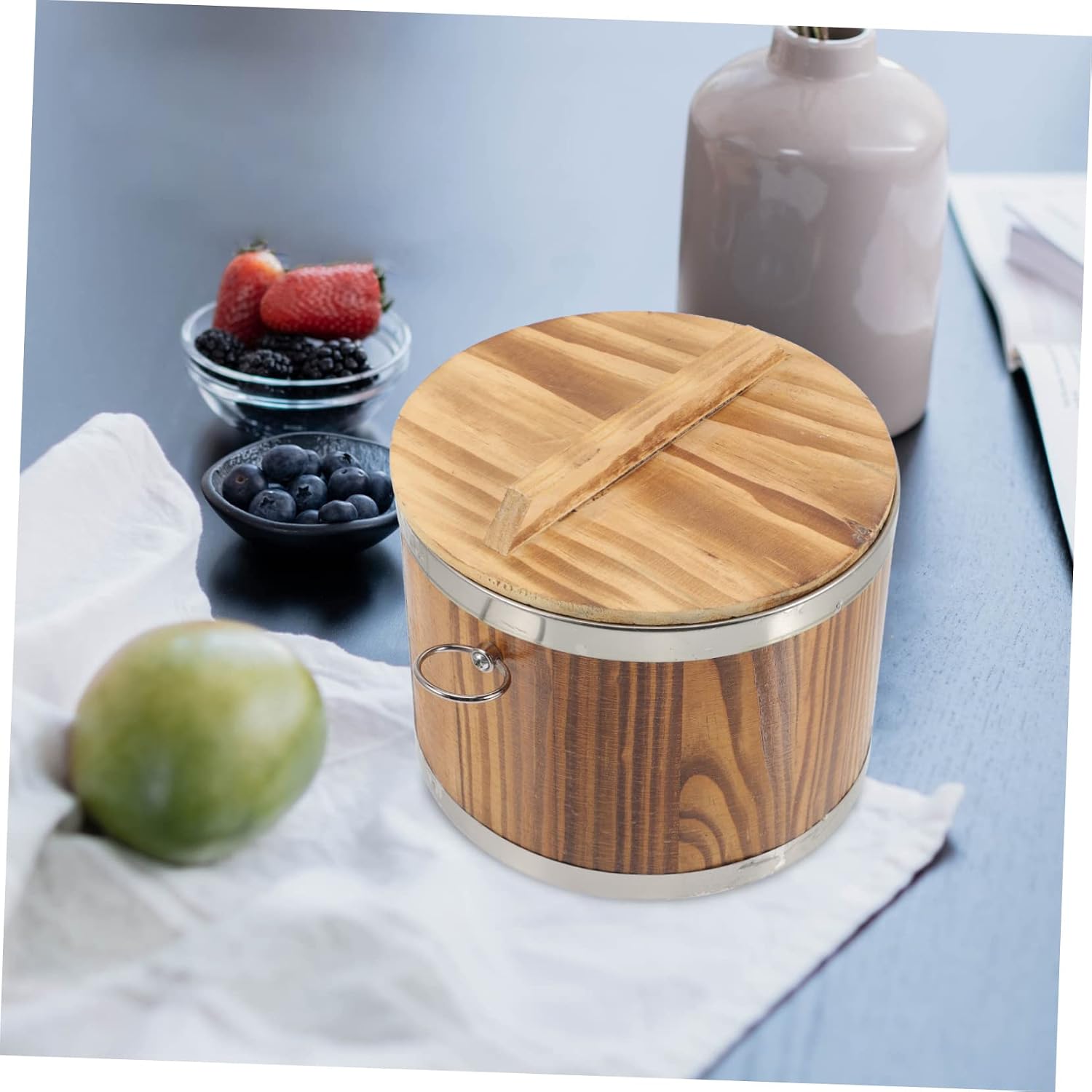 Wooden Rice Steamed Bucket with Lid Food Storage Container for Sushi Rice and Cereal Home Kitchen Use Carbonized for Heating and Steaming